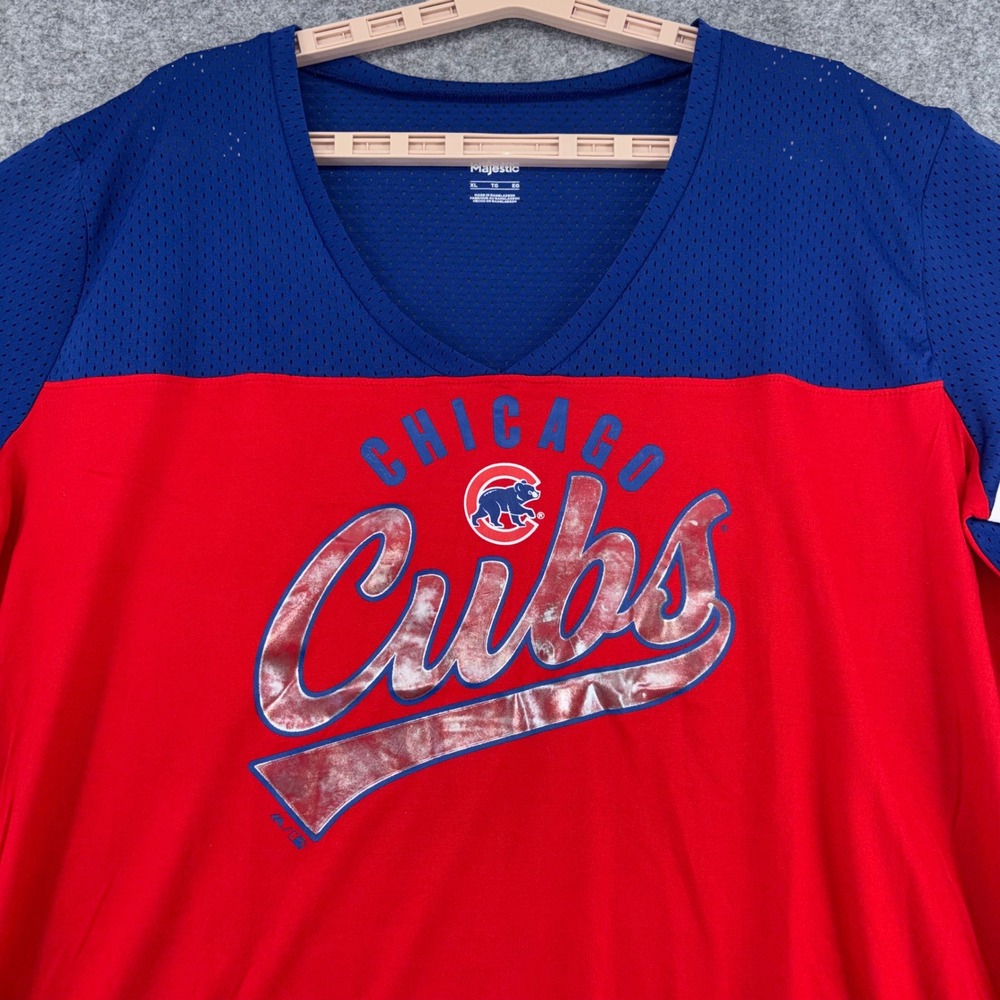 Majestic Chicago Cubs MLB Top Womens XL Blue Red Mesh V-Neck Short Sleeve Shirt